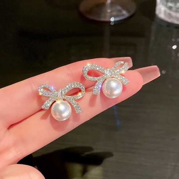 Jewelry - Elegant Bow White Pearl Stud Earrings for Women,Bow Earrings,Pearl Earrings